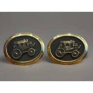 Vintage 1950 Stagecoach Black Gold Hollywood Regency MCM Cuff Links Cufflinks